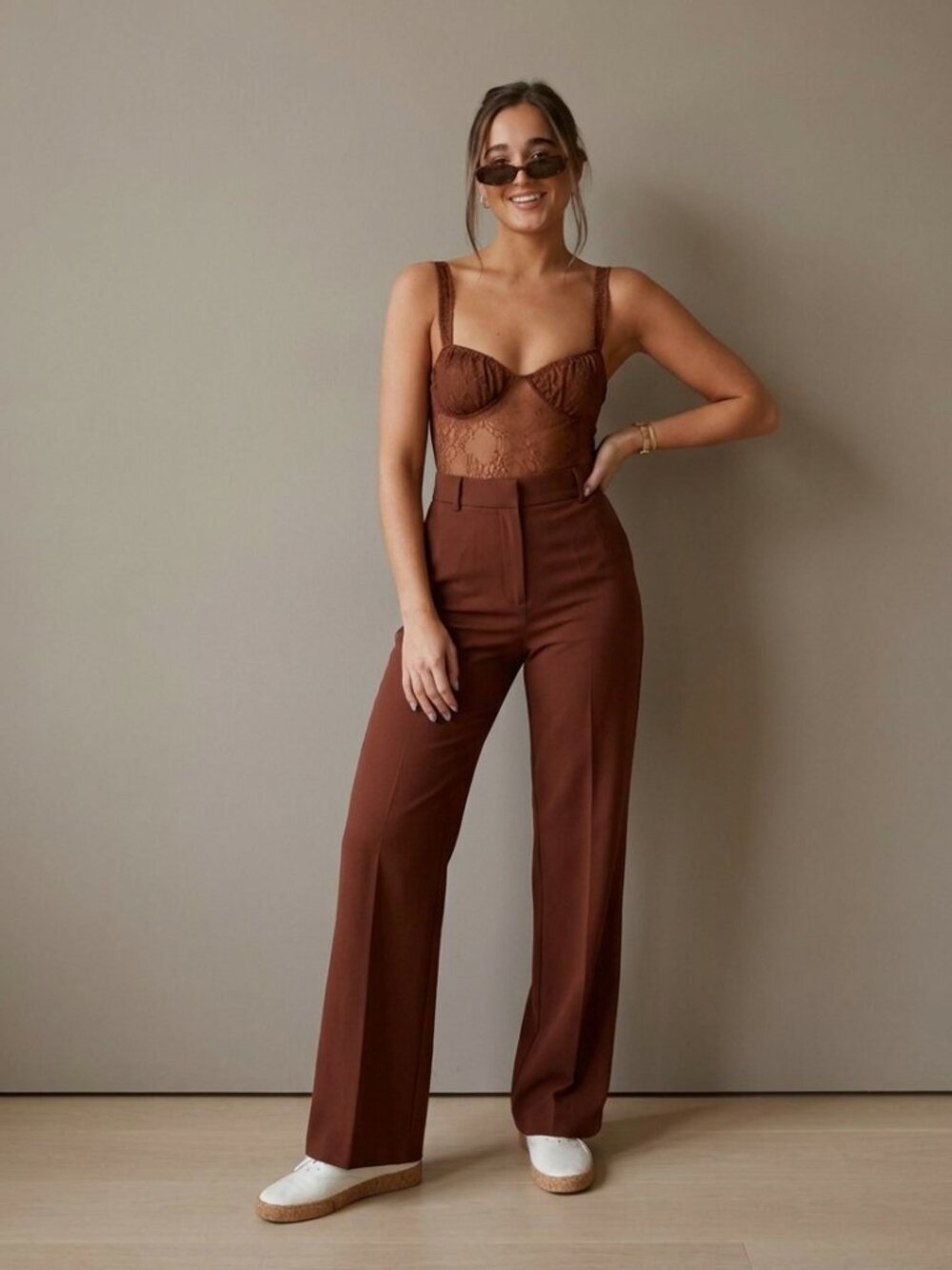 2/30 NWT Danielle Bernstein Lace Illusion Thong Bodysuit 10 Warm Brown Mesh 5868